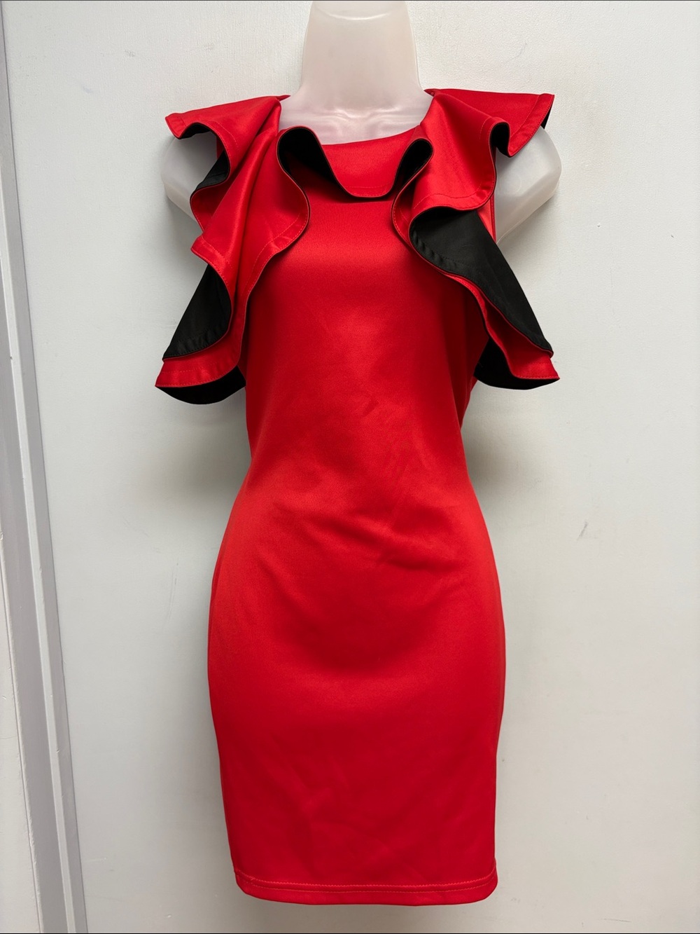 Xtaren Red Black Ruffle Bodycon Cocktail Mini Dress Size S
